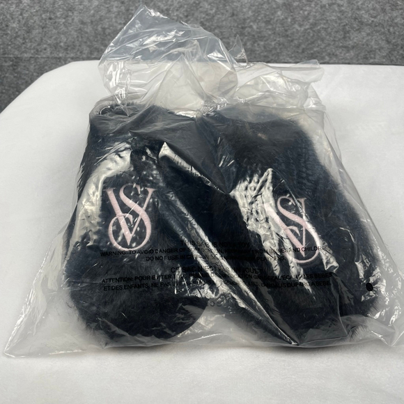 NWT Victoria's Secret Signature Satin Faux Fur Slippers Black Size L 9-10 - Picture 13 of 13